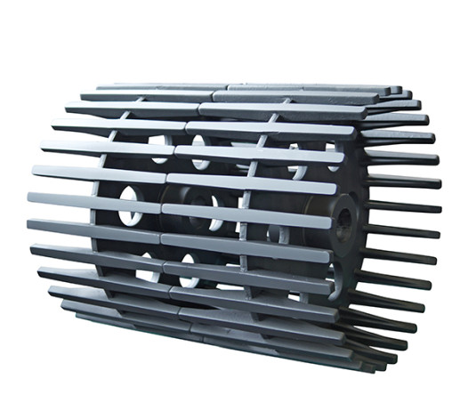 Several grating pulleys are designed as a unit on a shaft crowned or spherical shape. The multi-part design facilitates assembly.  